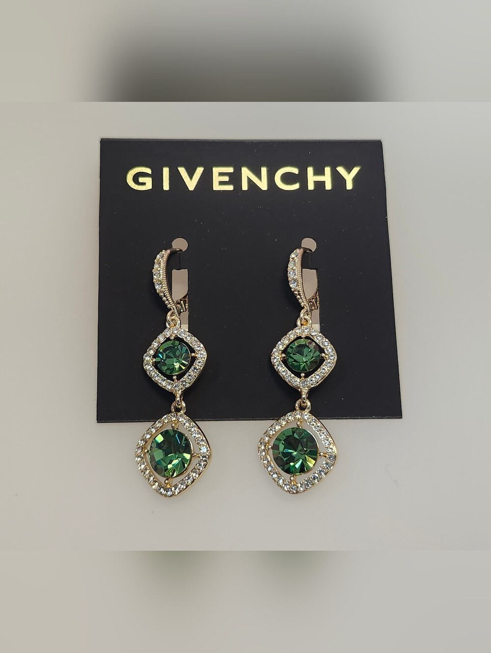 NWT Givenchy Gold-Tone Green Pave/Round Crystal Halo Double Drop Earrings
